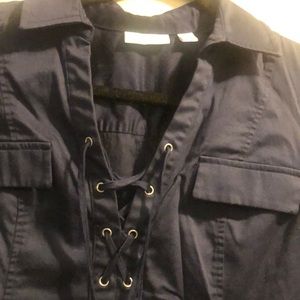 Navy shirt dress w / collar & shoe string closure